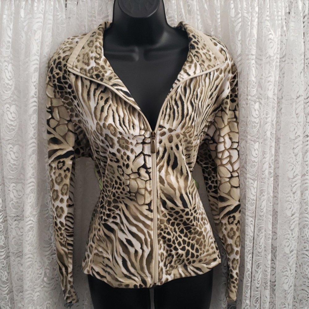 Alia Animal Print Zip-Up Cardigan - Beige and Black